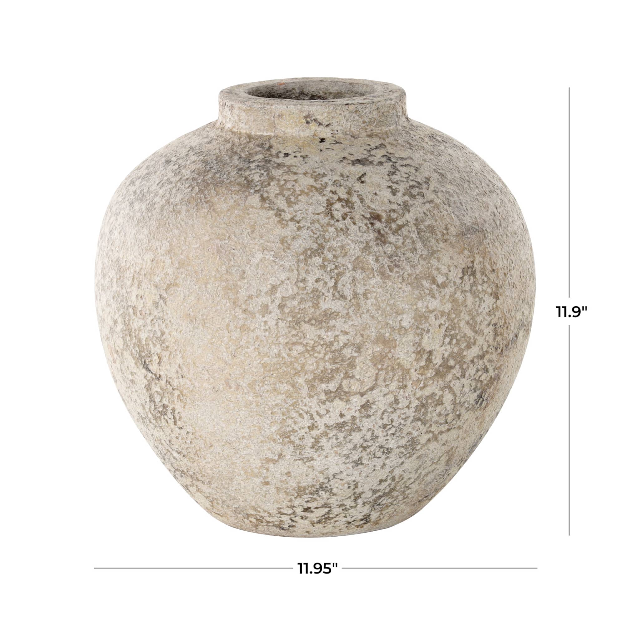 12" Cream Ceramic Antique Style Round Vase with Textured Distressing